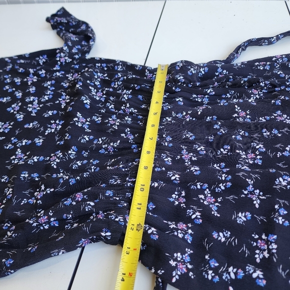 Gap Black Blue Floral Print Faux Wrap 3/4 Sleeve Ladies Dress Ruffle Petite XS - Picture 11 of 14